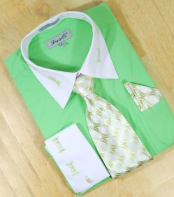 Fratello Lime Green / White Laced Spread Collar And French Cuffs Shirt/Tie/Hanky Set FRV4105P2