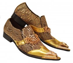 Fiesso Metallic Gold Lurex / Black Genuine Leather Slip On Shoes With Quadruple Bracelets / Metal Toe FI6946-2