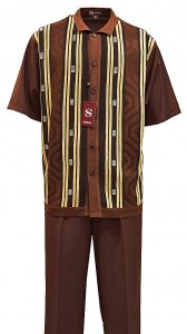 Silversilk Brown / Chocolate / Cream Striped Design Button Up Short Sleeve Knitted Outfit 2396