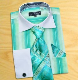 Avanti Uomo Bluish-Green / White Pinstripes Design Shirt / Tie / Hanky Set With Free Cufflinks DN59M