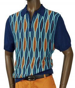 Inserch Navy Blue / Light Teal / Orange Knitted Short Sleeve Half-Zip Polo Shirt 761