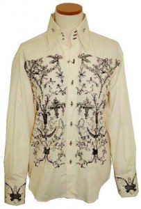 Manzini Off White with Brown/Off White Embroidered Long Sleeves 100% Cotton Shirt MZ-66