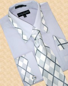 Daniel Ellissa Silver Grey Diamond Design Cotton Blend Dress Shirt/Tie/Hanky Set