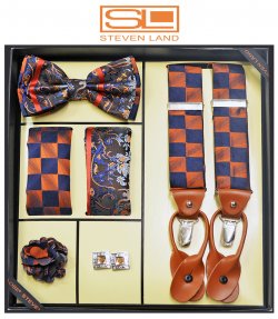 Steven Land G8 Rust / Navy / Brown Paisley / Checkered Silk Necktie / Suspender Gift Set