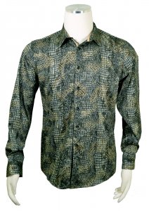 Pronti Olive / Black / Gold Metallic Lurex Alligator Print Long Sleeve Shirt S1874