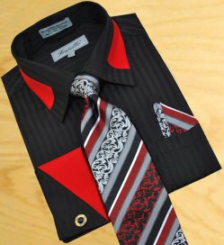Fratello Black Shadow Stripes With Red Trimming Shirt/Tie/Hanky Set With Free Cuff links FRV4104