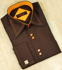 Axxess Chocolate Brown With Gold Hand Pick Stitching Collar 100% Cotton Dress Shirt