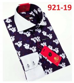 Axxess Navy/ White Flower Design Cotton Modern Fit Dress Shirt With Button Cuff 921-19.