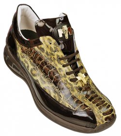 Mauri 8848 Brown / Gold Hand Painted Genuine Ostrich And Patent Leather Casual Sneakers