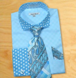 Daniel Ellissa Turquoise / White Polka Dot Self Check Spread Collar Shirt / Tie / Hanky Set With Free Cufflinks DS3780P2