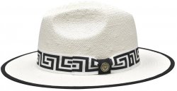 Bruno Capelo White / Black Greek Key Banded Flat Brim Straw Fedora Hat VA-404