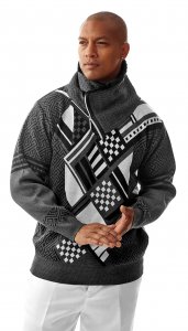 Silversilk Grey / Black / White Half-Zip Pull-Over Sherpa Collared Sweater 2115