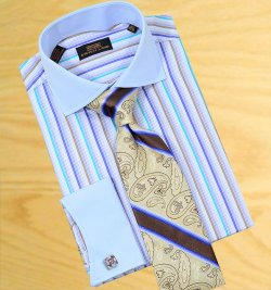 Steven Land White / Sky Blue / Royal Blue/ Taupe/ Teal Stripes 100% Cotton Dress Shirt With Sky Blue Spread Collar / Sky Blue French Cuffs