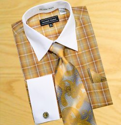 Avanti Uomo Taupe / White Plaid Shirt / Tie / Hanky Set With Free Cufflinks DN52M