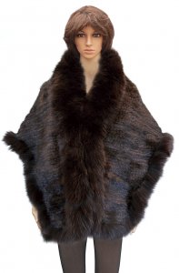 Winter Fur Ladies Brown Genuine Knitted Mink Cape With Fox Trimming W09K06