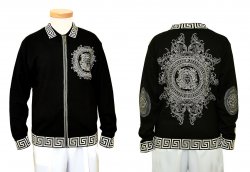 Prestige Black / White Embroidered Design Zip-Up Rayon Blend Knitted Sweater KTN-450