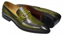 Carrucci Olive Green Burnished Calfskin Leather Bit Loafer Shoes KS478-02