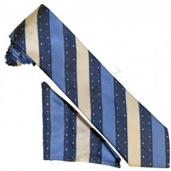 Setazone 3142 Light Blue / Denim Blue / White Striped Silk Necktie / Hanky Set