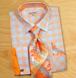 Daniel Ellissa White / Orange / Sky Blue Checks Shirt / Tie / Hanky Set With Free Cufflinks DS3781P2