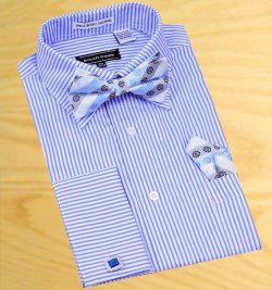 Avanti Uomo White / Sky Blue Stripes Shirt With Bow Tie / Hanky Set With Free Cufflinks DN45M