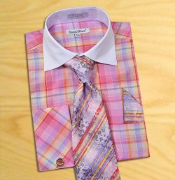 Daniel Ellissa Red / Gold / Lavender / White Check Design Shirt / Tie / Hanky Set With Free Cufflinks DS3772P2