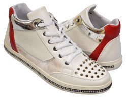 Encore By Fiesso White /Red PU Leather / Metal Spiked Sneakers FI2271