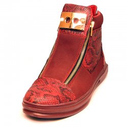 Fiesso Red Microsuede / Embossed Snake High Top Sneakers With Double Zippers FI2210