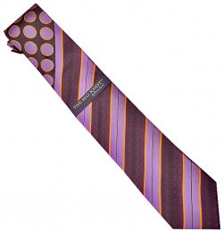 Steven Land Collection "Big Knot" SL079 Violet / Lavender / Gold / Black Diagonal Stripes / Polka Dot 100% Woven Silk Necktie / Hanky Set