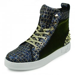 Encore by Fiesso Blue / Green Genuine Leather High Top Sneakers with Golden Spikes / Laces FI2347.