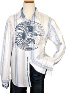 English Laundry White with Sky Blue/Beige Stripes And Pterodactyl Embroidered Design Long Sleeves Cotton Blend Shirt ELW945