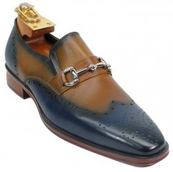 Carrucci Blue / Tan Genuine Two Tone Leather Perforated Loafer Shoes With Horsebit KS261-04