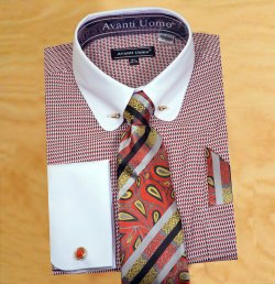 Avanti Uomo Red / Black / White Houndstooth Dress Shirt / Tie / Hanky / Cufflinks / Collar Bar Set DN75M