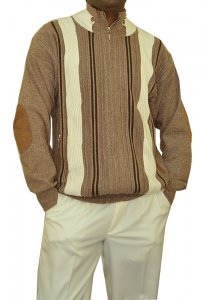SilverSilk Walnut / Chocolate / Vanilla Knitted Front Zipper Stripes with Walnut Elbow Patch Sweater 5955