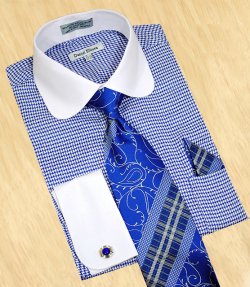 Daniel Ellissa White / Royal Blue Houndstooth With White Curve Spread Collar Shirt / Tie / Hanky Set With Free Cufflinks DS3754P2