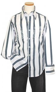 Manzini White with Hunter Green Stripes and Embroidery Long Sleeves 100% Cotton Shirt MZ-100