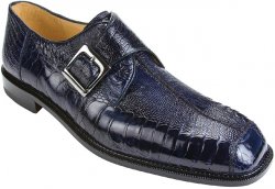 Belvedere "Dolce" Navy All-Over Genuine Ostrich Monk Strap Shoes 740