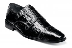 Stacy Adams "Golato" Black Leather Hornback Crocodile Print Double Monk Straps Shoes 25117-001