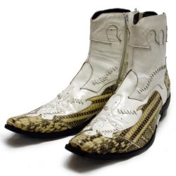Fiesso White/Cream Snake Skin Pointed Toe Boots With Zipper On The Side FI8011