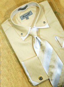 Fratello Beige/ Cream Double Collar With Rhinestones And French Cuffs Shirt/Tie/Hanky Set With Free Cufflinks FRV4111P2