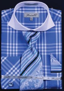Fratello Royal Blue Checker Pattern Two Tone Shirt / Tie / Hanky Set With Free Cufflinks FRV4118P2