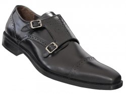 Mezlan 15446-1 "Webber II" Black Italian Calfskin Loafer Shoes With Double Perforated Monkstrap