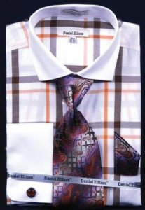 Daniel Ellissa White / Orange Windowpanes Shirt / Tie / Hanky Set With Free Cufflinks DS3771P2