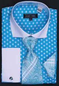 Avanti Uomo Turquoise / White Polka Dot Design 100% Cotton Shirt / Tie / Hanky Set With Free Cufflinks DN47M