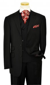 Extrema Black With Black Shadow Pinstripes 140's Wool Vested Suit HA00257