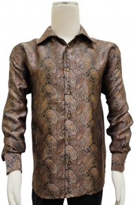 Bagazio Camel / Copper / Black Paisley Embroidered Long Sleeve Satin Shirt BM2247