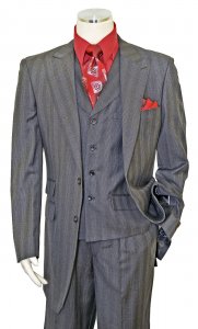 Apollo King Charcoal Grey With White / Red Pinstripes Super 150's Wool Vested Wide Leg Suit WH-206