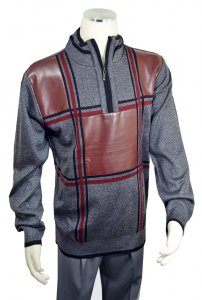 Bagazio Charcoal / Wine / Black PU Leather Half-Zip Pull-Over Sweater BM1951