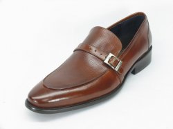 Carrucci Brown Genuine Leather Perforated Loafer Shoes With Buckle KS099-725C.
