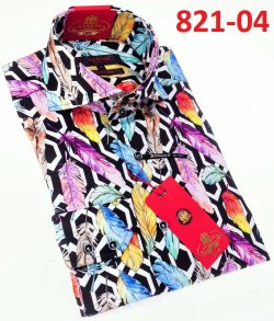 Axxess Blue / Black / Purple Leaf Design Cotton Modern Fit Dress Shirt With Button Cuff 821-04.