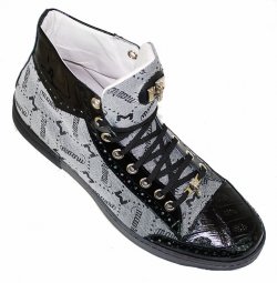 Mauri 8822 Black/Grey Genuine Alligator And Nappa Leather/Mauri Fabric High-Top Sneakers With Silver Mauri Alligator Head